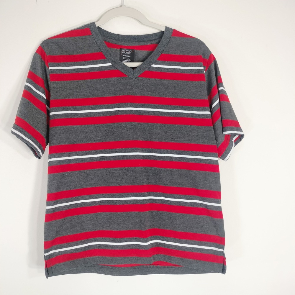 Brooklyn Unlimited Red Gray Striped T-Shirt; Boys Size Large 14-16 V-Neck